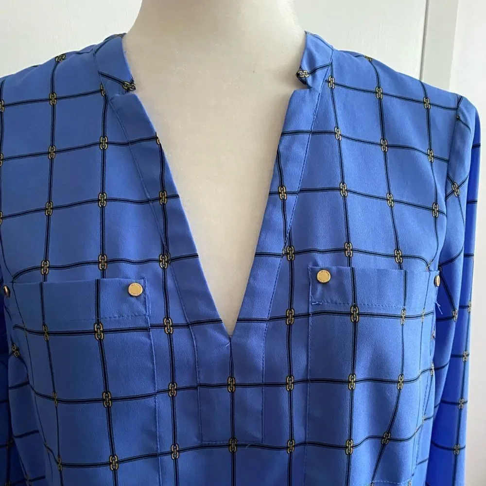 Michael Michael Kors Blue Black Gold Print V-Neck Long Sleeve Tunic Top Size S